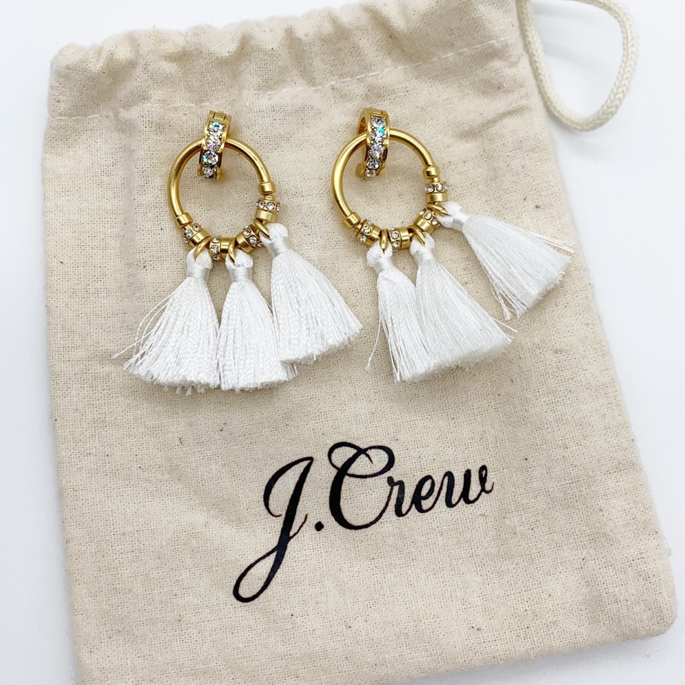 J. Crew Crystal Pave White Tassel Earrings